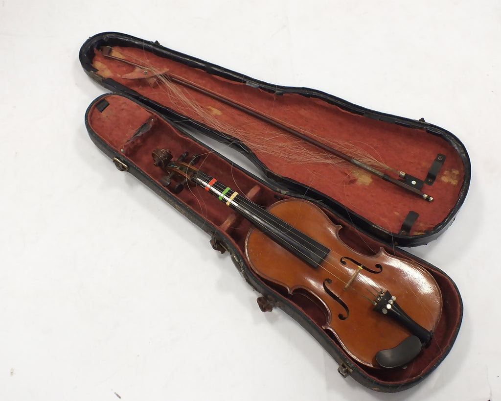 Unlabelled 1/2 size well flamed antique violin, presumably German